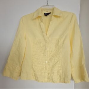 Tracy M Women Linen Button Down Shirt Pleated Front Blouse Yellow Spring Jacket